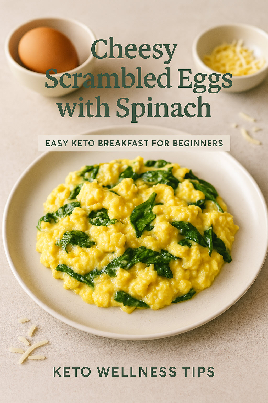 Cheesy scrambled eggs with spinach served on a ceramic plate, surrounded by fresh ingredients including a bowl of shredded cheese and a raw egg, perfect for a keto-friendly breakfast.