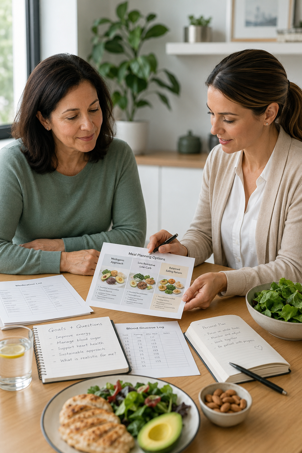 A patient and healthcare professional reviewing medication records, glucose patterns, goals, and individualized meal-planning options.