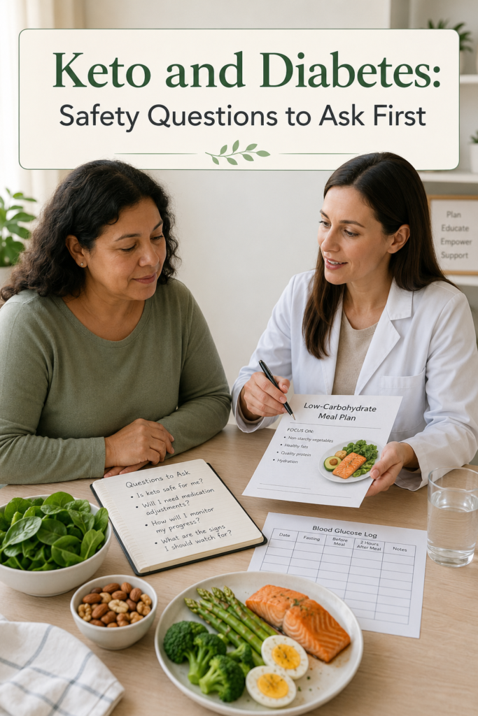 A patient and healthcare professional reviewing a low-carbohydrate meal plan, glucose log, and diabetes safety questions.