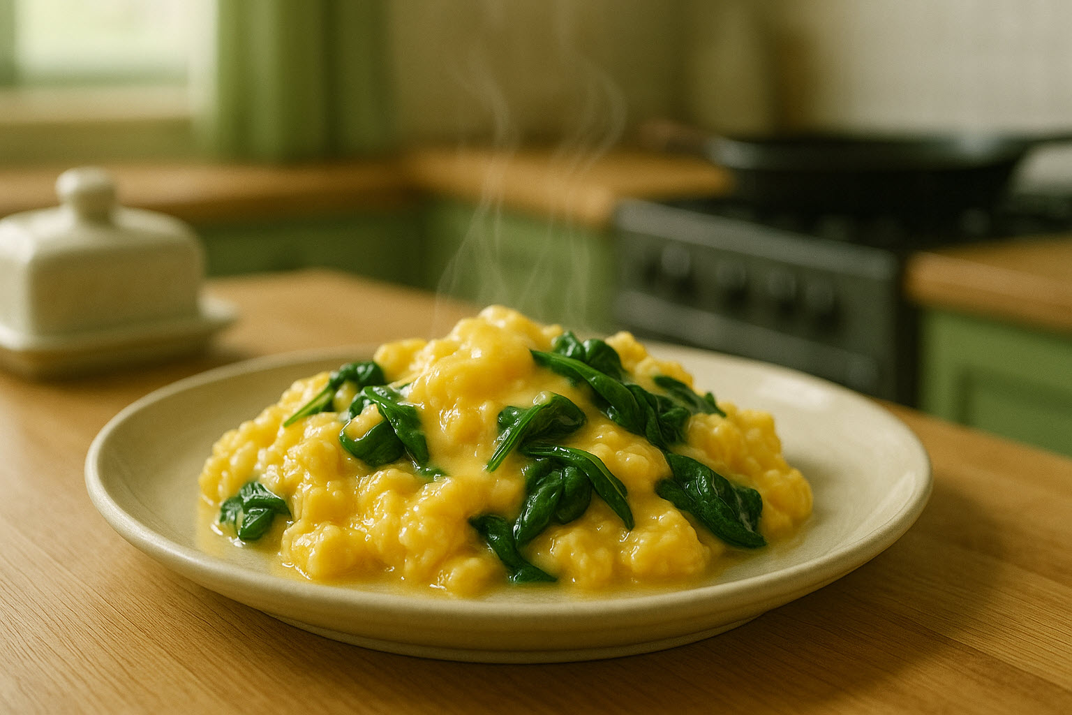 A plate of cheesy scrambled eggs with wilted spinach, steaming hot in a cozy kitchen setting with natural light and warm wooden tones.