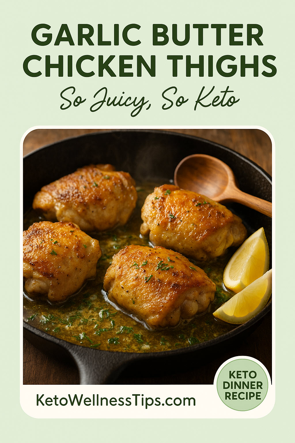 Vertical image of garlic butter chicken thighs sizzling in a cast iron skillet with lemon wedges and herbs, labeled “Garlic Butter Chicken Thighs – So Juicy, So Keto” and branded with KetoWellnessTips.com