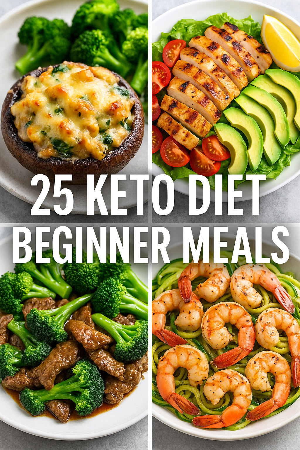A variety of keto diet beginner meals including stuffed mushrooms, grilled chicken with avocado, beef and broccoli stir-fry, and shrimp with zucchini noodles, perfect for low-carb eating.