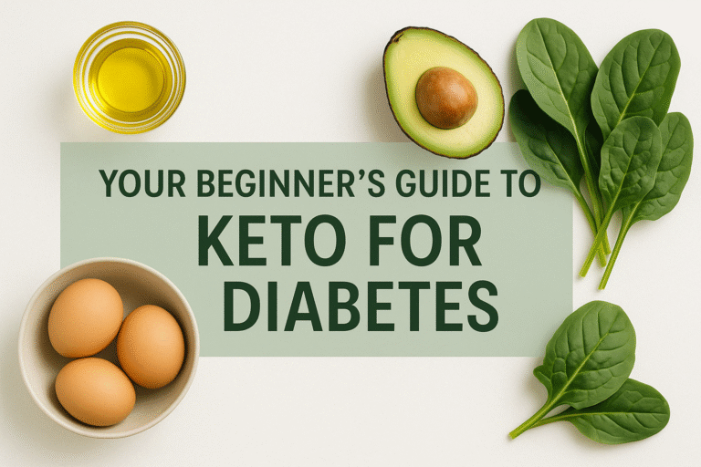 Keto-friendly foods including avocado, eggs, leafy greens, and olive oil arranged for a diabetes-focused keto guide.