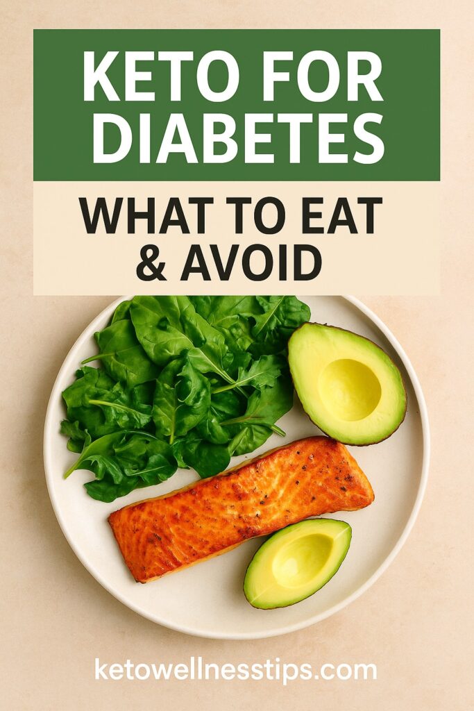 Top-down photo of a keto-friendly meal with grilled salmon, avocado, and leafy greens. Overlay text reads “Keto for Diabetes: What to Eat & Avoid.” Branded with ketowellnesstips.com.