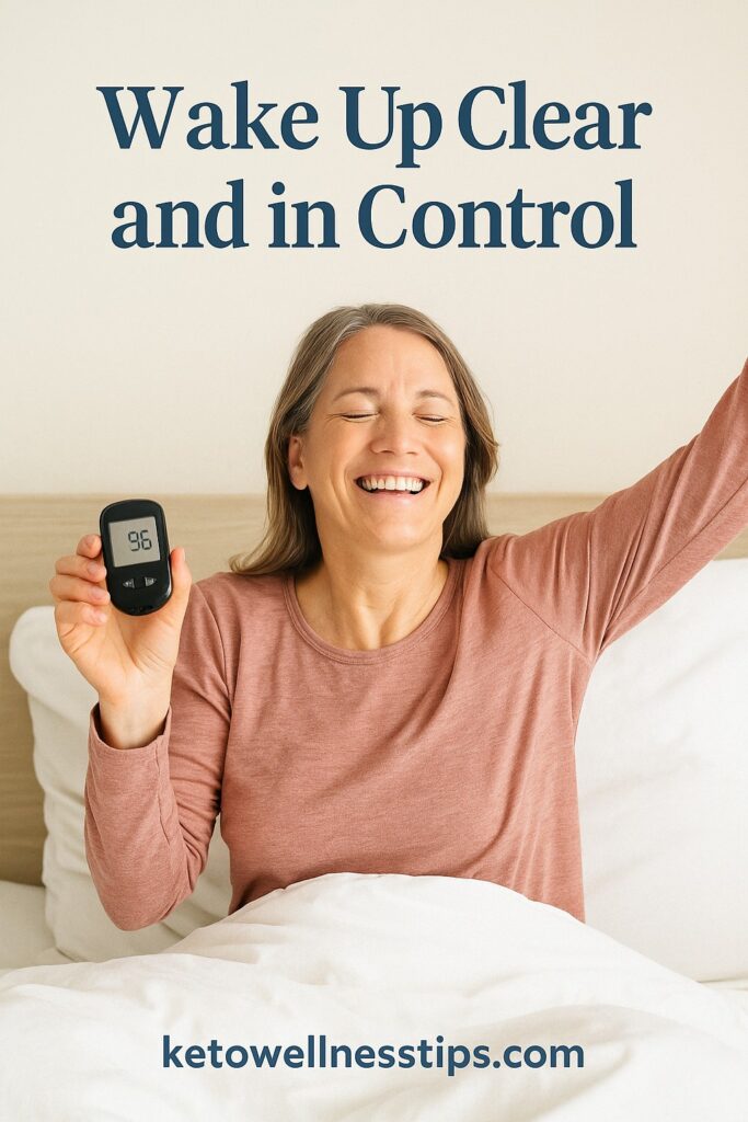 A person waking up feeling refreshed and checking a stable blood sugar reading—capturing a keto success moment.