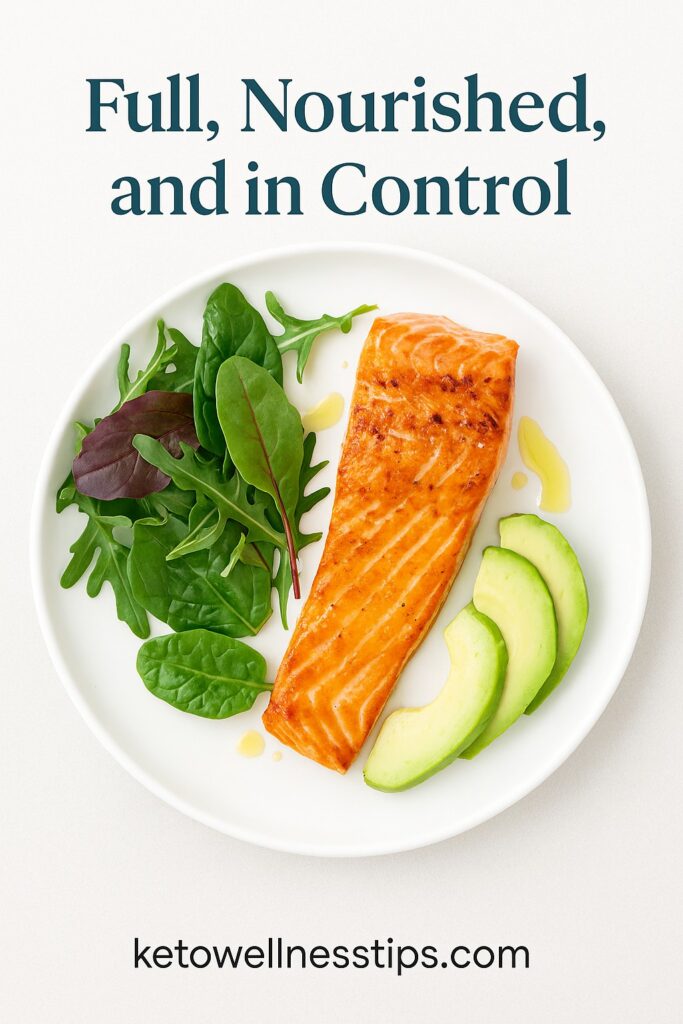 A colorful plate of grilled salmon, avocado, and leafy greens—representing a satisfying, blood sugar-friendly keto meal.