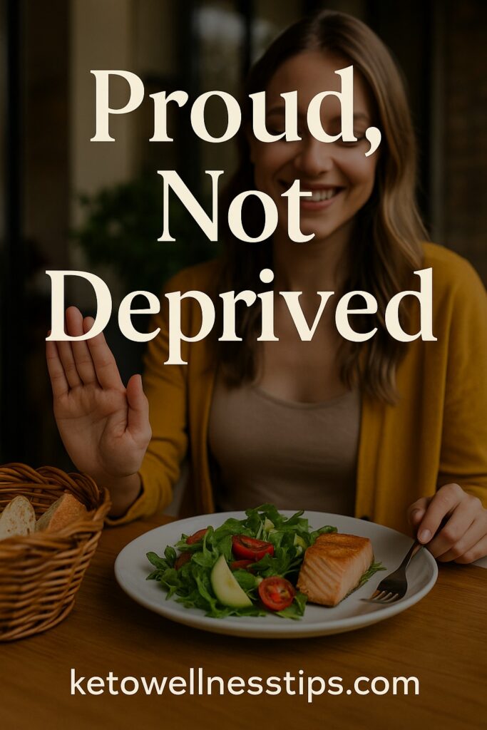 A woman dining out, smiling confidently while skipping the bread basket in favor of a healthy keto meal. Text overlay reads “Proud, Not Deprived.”