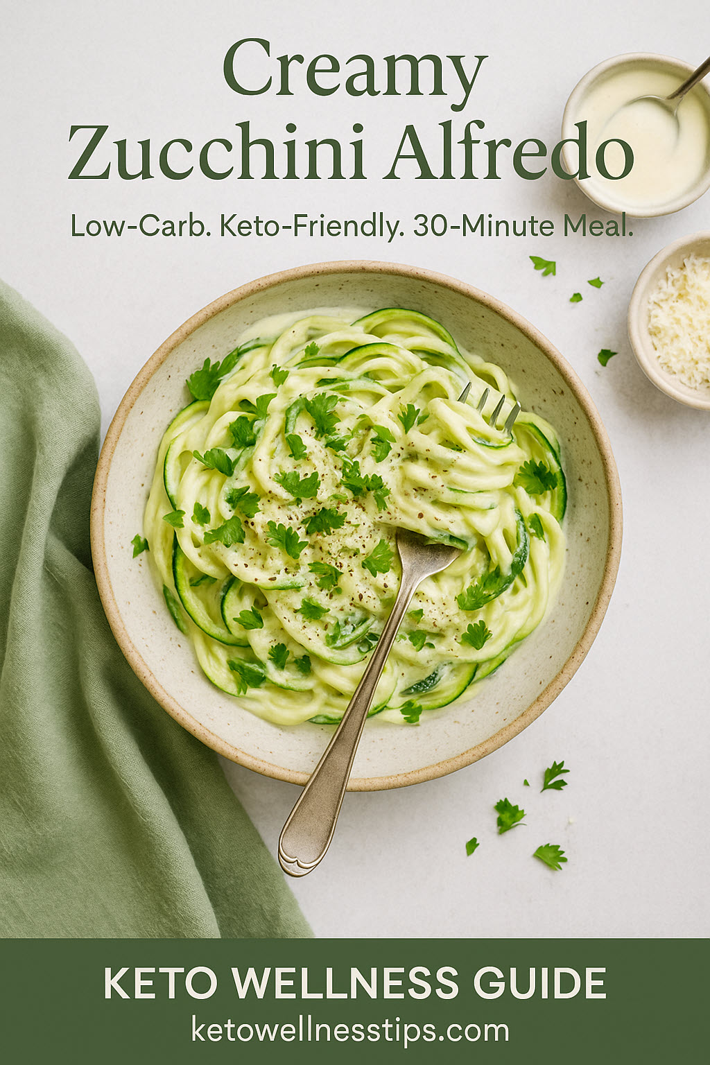 Pinterest pin featuring a bowl of creamy zucchini noodles topped with Alfredo sauce, Parmesan, and herbs, styled for a low-carb keto-friendly dinner.