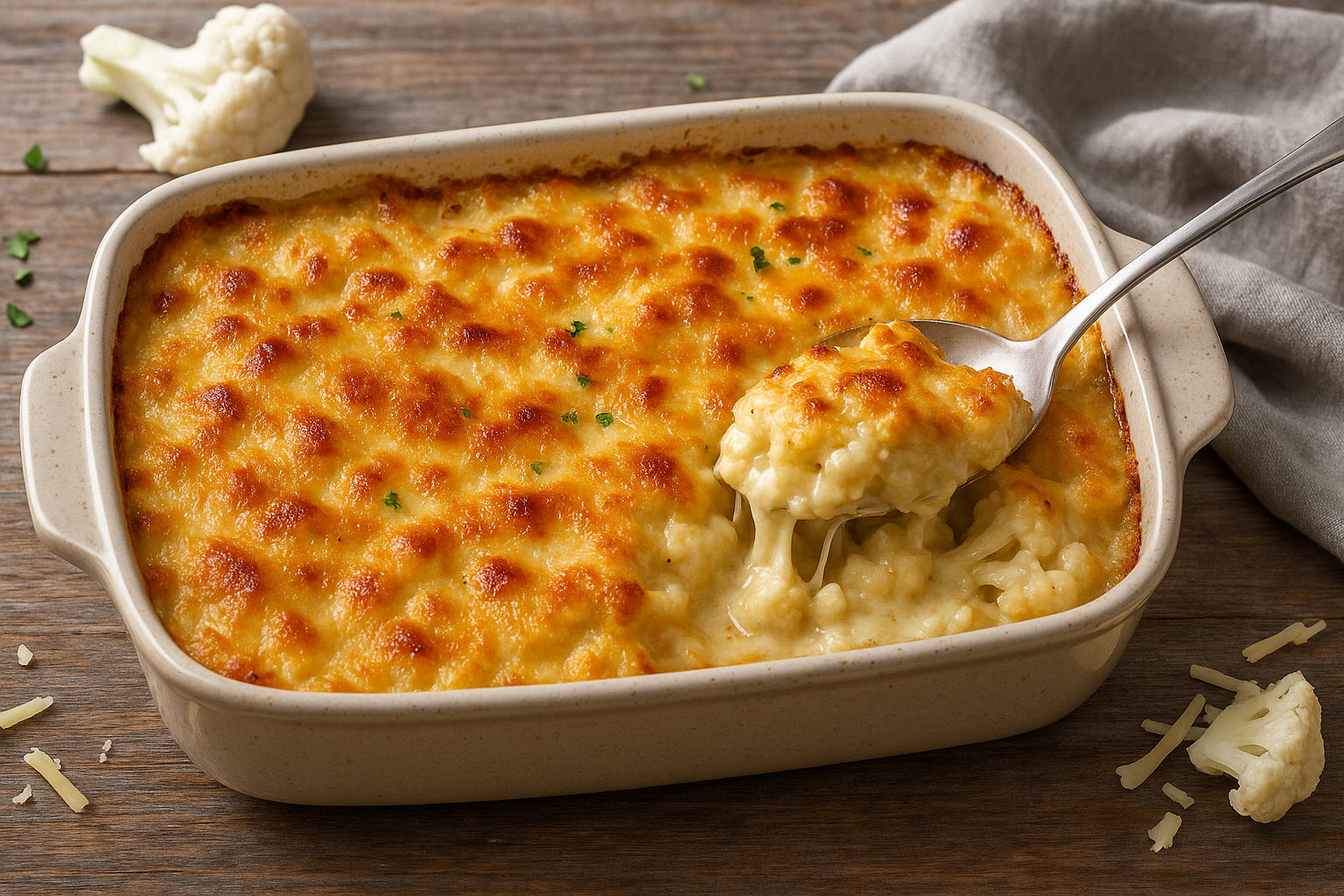 Creamy baked cauliflower mac and cheese in a rustic dish, topped with golden cheddar and herbs — keto comfort food