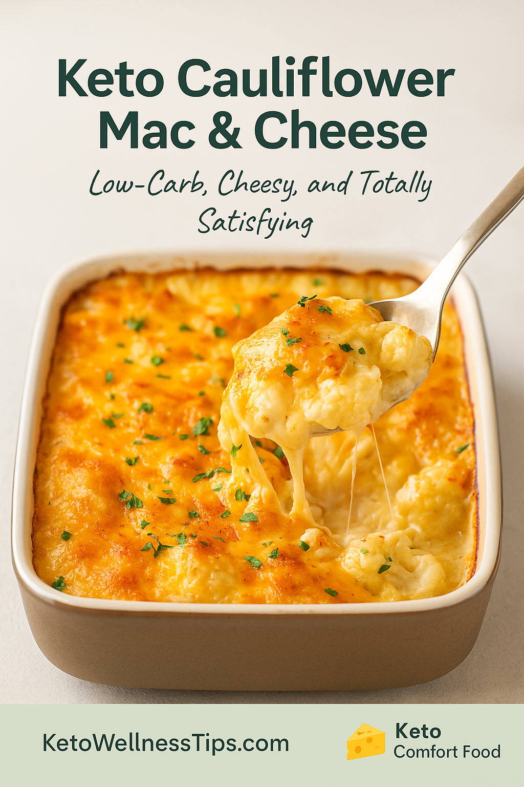 Vertical image of keto cauliflower mac and cheese in a baking dish with golden melted cheese, parsley garnish, and a gooey cheese pull.