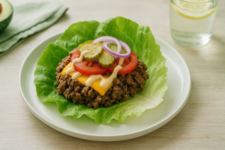 Top-down view of a bunless cheeseburger lettuce wrap with ground beef, cheddar cheese, tomato, pickles, red onion, and creamy keto sauce on a white plate