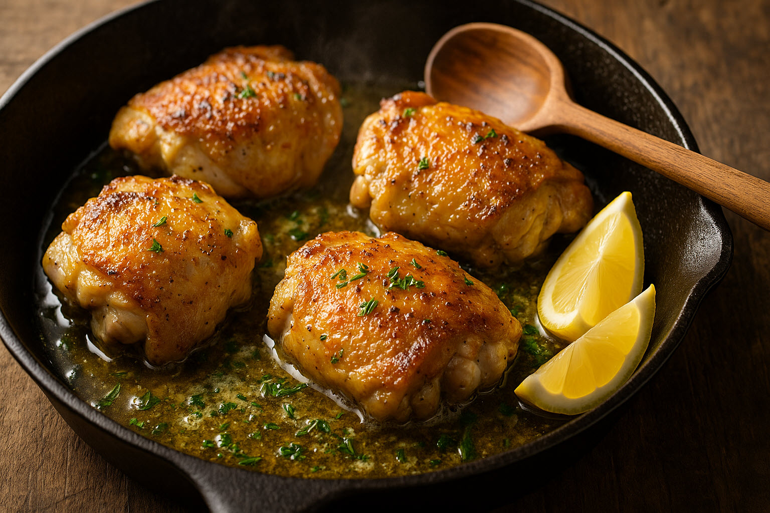 Garlic butter chicken thighs in cast iron skillet with herbs and lemon — keto-friendly recipe