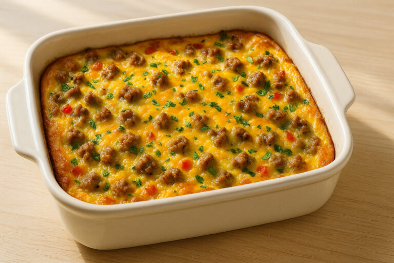 Overhead photo of a keto breakfast casserole with melted cheese and sausage in a white baking dish on a wooden table.