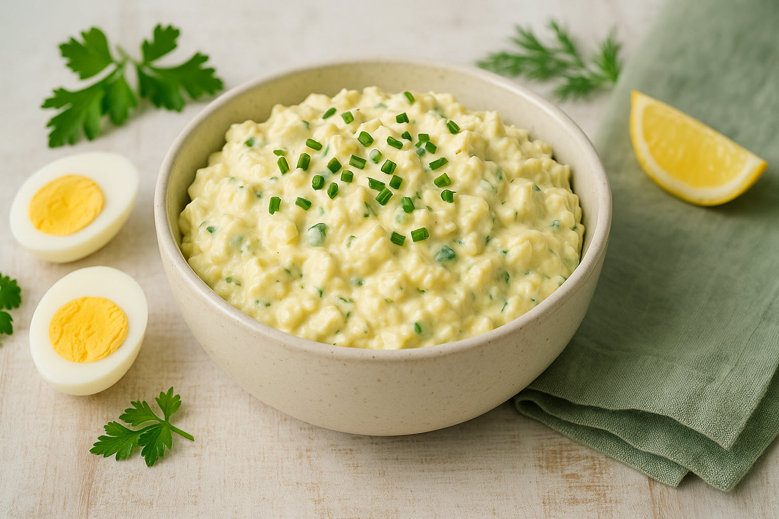 A bowl of creamy keto egg salad topped with chopped chives, surrounded by halved eggs, parsley, lemon, and a green napkin on a rustic white surface.