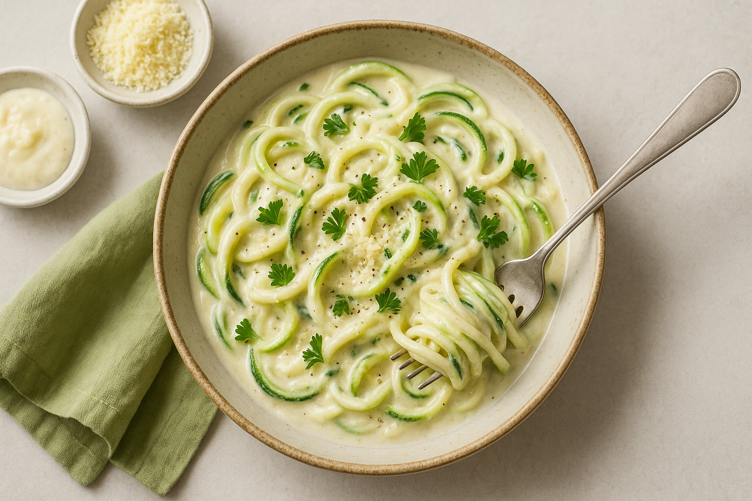 Overhead photo of zucchini noodles coated in creamy Alfredo sauce, garnished with fresh herbs and Parmesan — a low-carb keto pasta alternative.