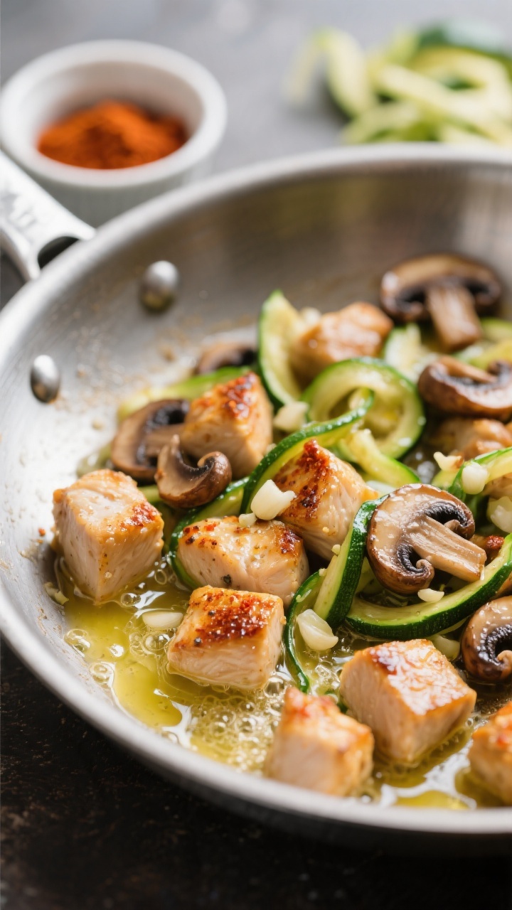 Close-up action shot: Garlic butter mushroom chicken bites tossed with zucchini ribbons in a shallow stainless sauté pan. Chunky 1-inch chicken cubes seared to deep golden brown, seasoned with salt, pepper, and paprika, glazed in bubbling pools of melted butter and avocado oil. Mixed mushrooms (cremini and button) deeply browned; tender jade-green zucchini ribbons twirled among the bites; visible minced garlic bits. Shallow depth of field highlighting caramelization and butter gloss, with a small ramekin of paprika and raw zucchini ribbons blurred in the background.