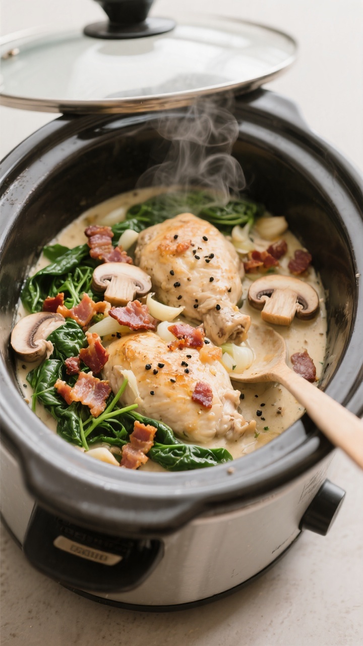 Cozy slow-cooker scene, 45-degree angle: Slow cooker garlic mushroom chicken with bacon and spinach, lid off, steam rising. Boneless skinless chicken thighs nestled in a creamy, savory base with thickly sliced mushrooms, chopped crisped bacon, softened onion, and visible minced garlic, finished with a handful of just-wilted spinach for a pop of green. Ladle resting in the crock, bacon crumbles and black pepper scattered on top. Warm, homestyle mood, neutral background, focus on hearty textures and contrasting colors.