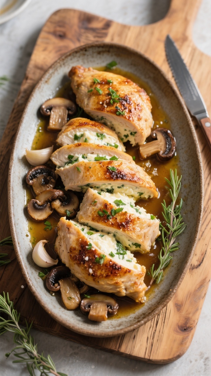 Ingredient-to-finish narrative diptych prompt (final shot described): Boursin-stuffed chicken breasts sliced to reveal a creamy garlic & fine herbs Boursin core, plated with a glossy garlic mushroom pan sauce. Four medium chicken breasts seared in olive oil and butter to deep golden, seasoned with kosher salt and black pepper; cremini mushrooms sliced and sautéed until mahogany, bathed in savory pan juices spooned over the stuffed slices. Presented on a rustic oval platter with thyme and chive sprinkles, knife marks visible on a wood board. Bright directional light to catch the cheese filling and mushroom sheen.