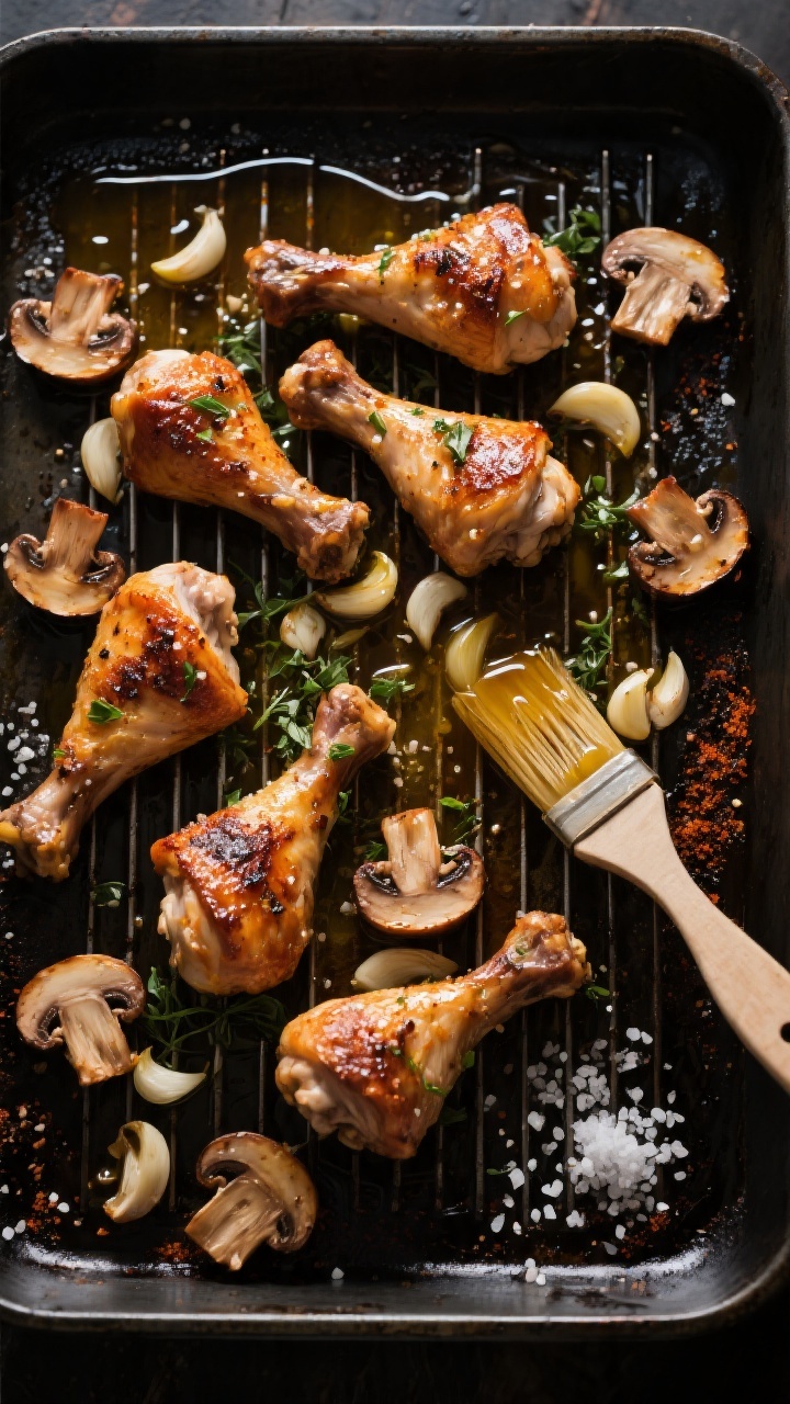 Overhead grill-pan/roasting rack shot: Garlic mushroom chicken drumsticks lacquered with herb ghee. Ten drumsticks rubbed with kosher salt, black pepper, smoked paprika, and onion powder, roasted until skin is crackling and bronzed, then brushed with melted ghee infused with minced garlic and chopped herbs. Scattered quartered mushrooms roasted alongside to deep brown. Pools of garlicky ghee, coarse salt crystals, and a basting brush on the side. High-contrast light to emphasize crispy textures, dark sheet pan patina for drama.