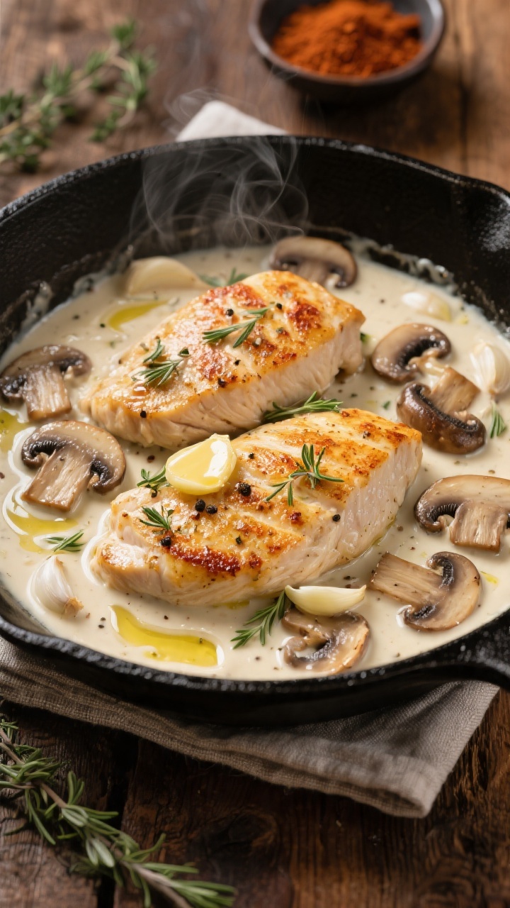 Overhead skillet shot: Creamy skillet garlic mushroom chicken cutlets simmering in a pale ivory cream sauce with flecks of fresh thyme. Golden seared 1/2-inch chicken breast cutlets seasoned with kosher salt, black pepper, and smoked paprika nestled among sautéed cremini mushrooms and sliced garlic, finished with a glossy swirl of olive oil and butter. Styled in a black cast-iron skillet on a warm wood surface with thyme sprigs, a small bowl of smoked paprika, and a linen napkin; steam gently rising, moody daylight, crisp focus on sauce texture and mushroom sheen.