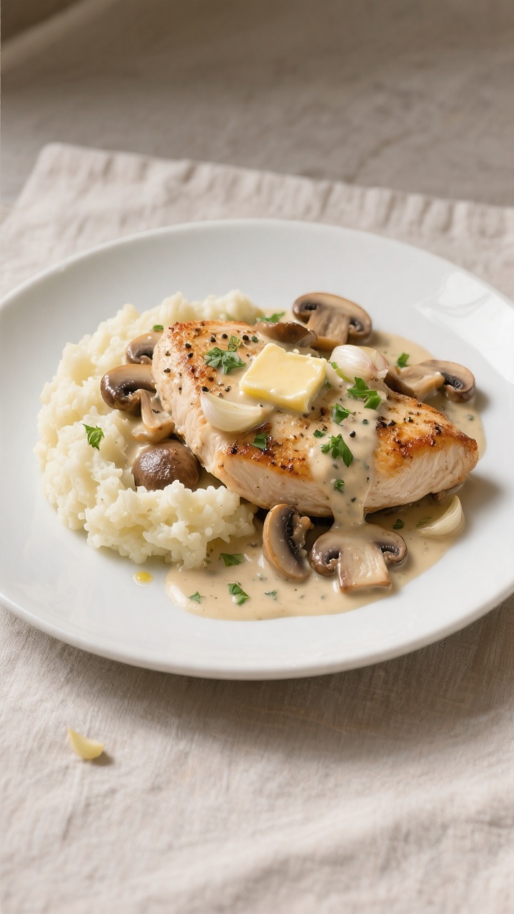 Plated presentation, straight-on: Creamy garlic mushroom chicken “Marsala” (no wine) arranged on a matte white plate. Pan-seared chicken cutlets seasoned with salt, pepper, and garlic powder, topped with a luxurious cream sauce studded with mixed mushrooms (cremini and oyster) and sweetly fragrant sliced garlic, enriched with olive oil and a pat of butter. Garnished with chopped parsley, served alongside a mound of cauliflower mash. Soft, warm lighting accentuates sauce silkiness and mushroom variety; neutral linen and a small sauce drizzle on the rim for elegance.