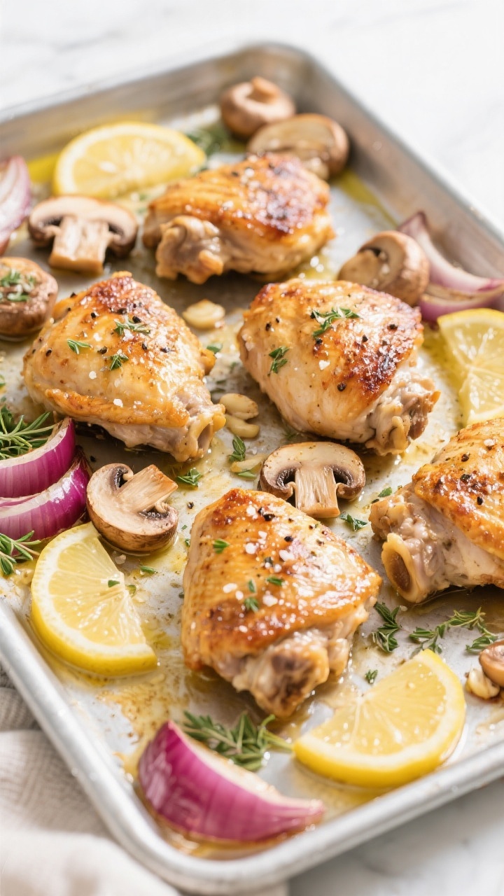 Sheet pan process shot at 45-degree angle: Lemon-garlic mushroom chicken thighs just out of the oven on a rimmed metal sheet. Six bone-in, skin-on thighs with blistered, golden-crisp skin, seasoned with kosher salt, black pepper, garlic powder, and dried oregano, surrounded by halved baby bella mushrooms and wedges of red onion, with thin lemon slices caramelized around the edges. Light olive oil gloss, scattered oregano leaves, roasted pan juices pooling. Clean, bright kitchen light, minimal props, emphasis on crispy skin and roasted mushroom edges.