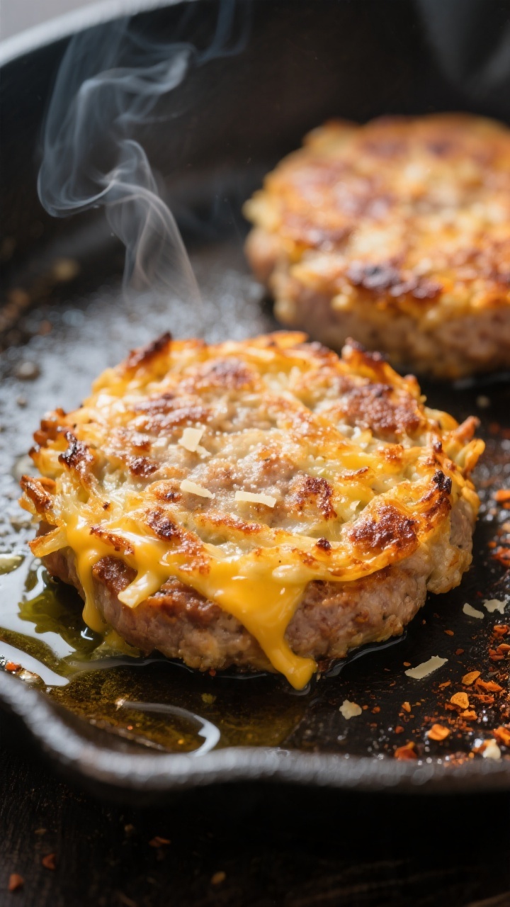 Close-up detail: A golden-brown keto sausage hash brown patty sizzling in a cast-iron skillet mid-co