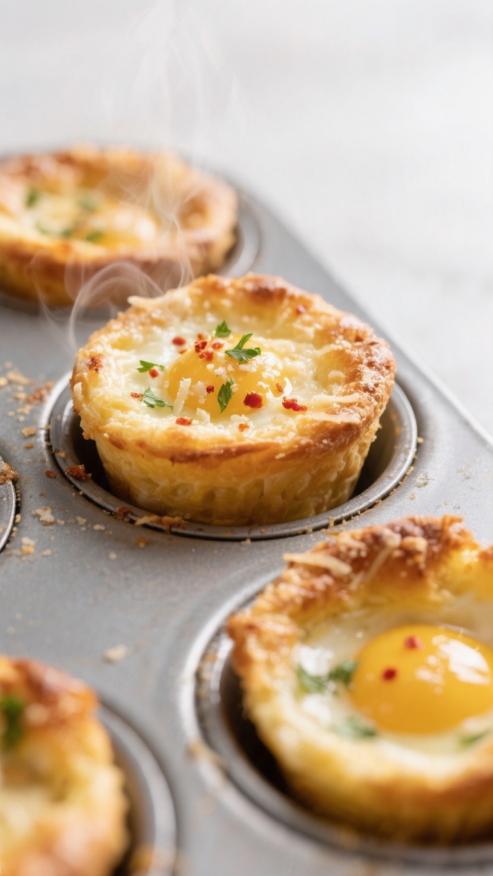 Close-up detail: Golden, freshly baked Garlic-Parmesan Egg Cups just out of the muffin tin, tops sli