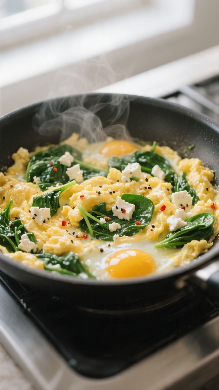Cooking process close-up: Soft scrambled eggs being gently folded in a nonstick skillet, glossy curd