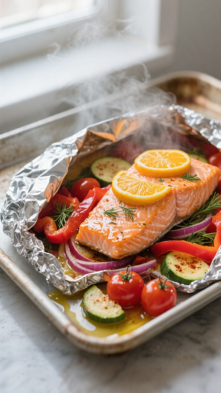 Cooking process — Foil pack just opened after baking: A steamy, freshly baked Salmon Sunrise foil