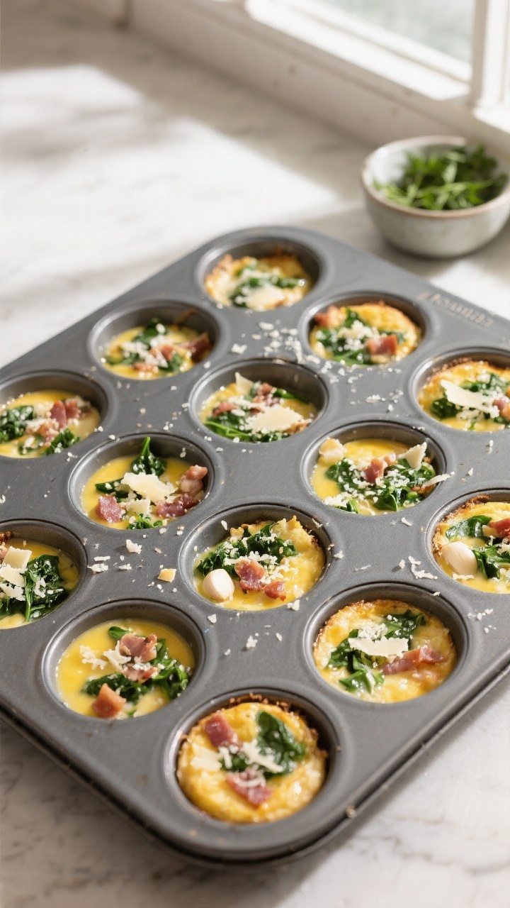 Cooking process: Overhead shot of a 12-cup muffin tin being filled three-quarters full with the whis
