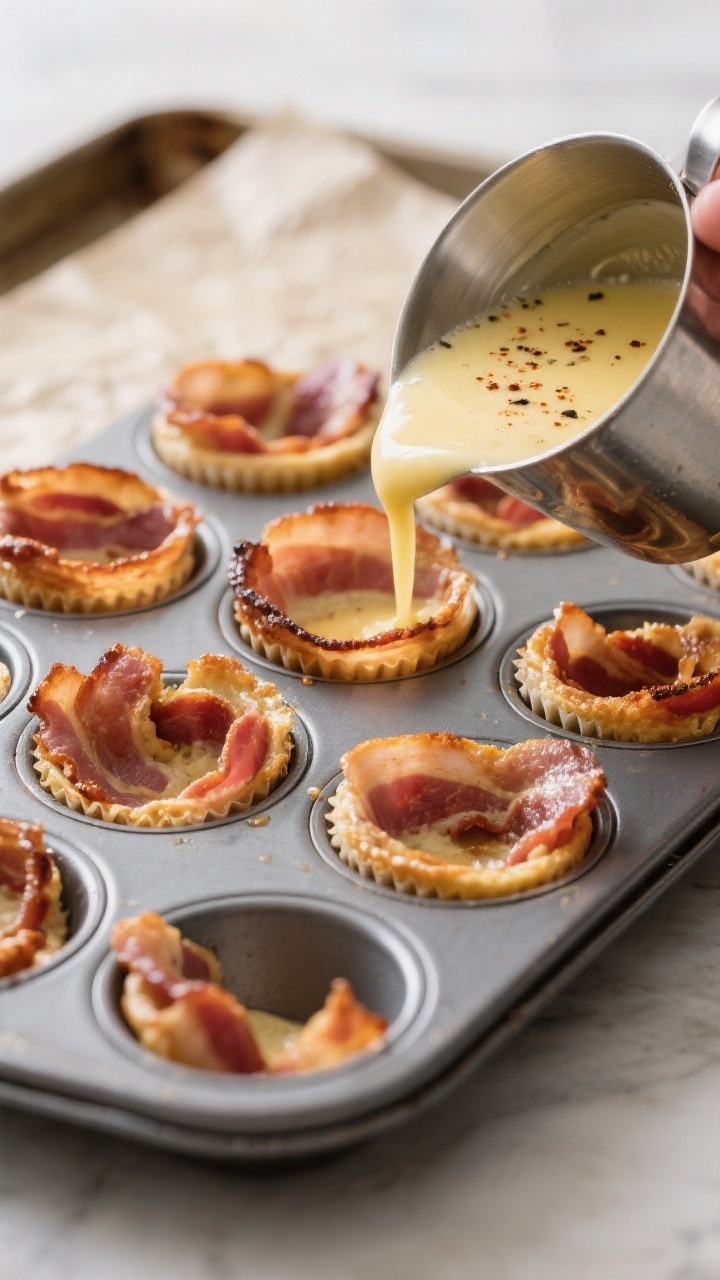 Cooking process — Par-cooked bacon lining muffin tin: Close-up of a muffin tin on a parchment-line