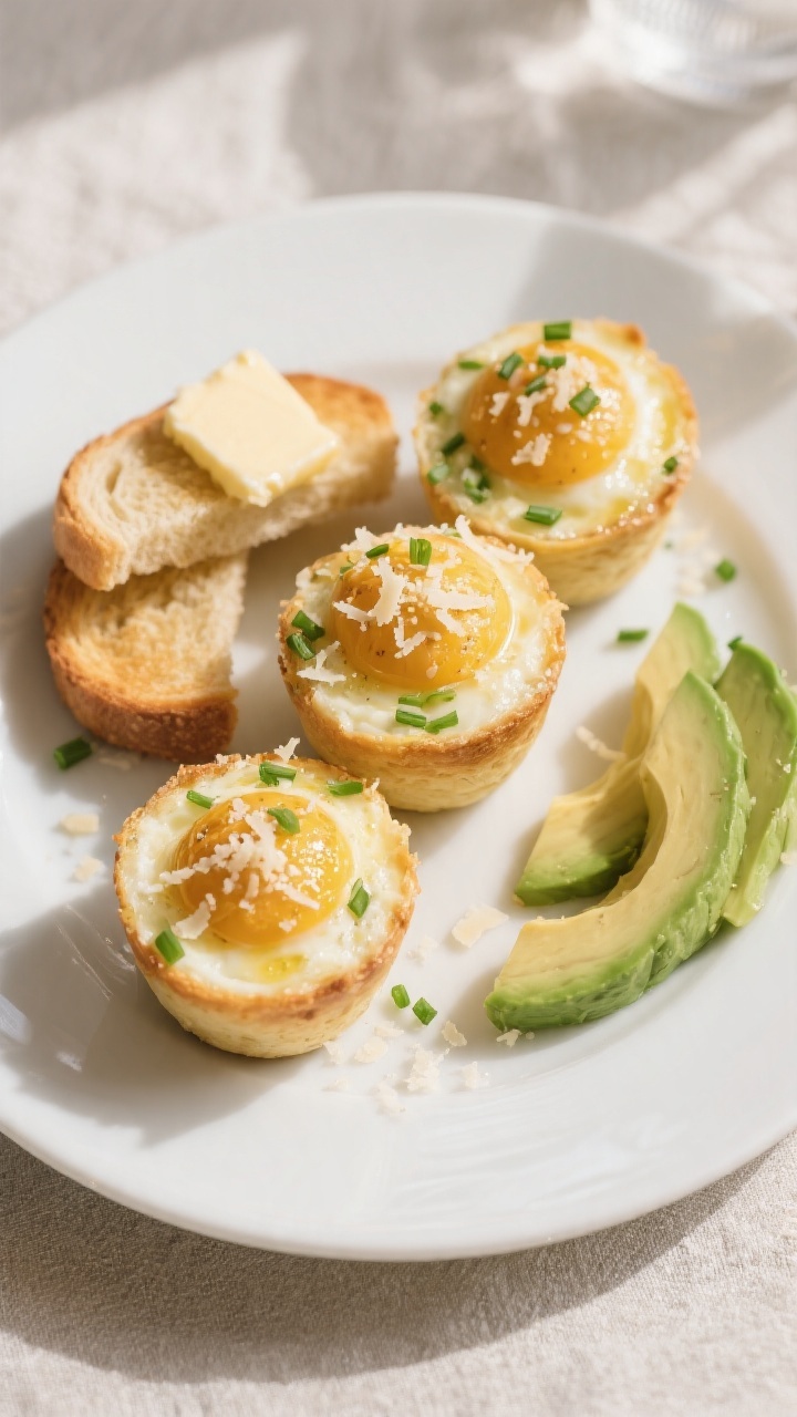 Final dish presentation: Restaurant-quality plate of three Garlic-Parmesan Egg Cups stacked and slig