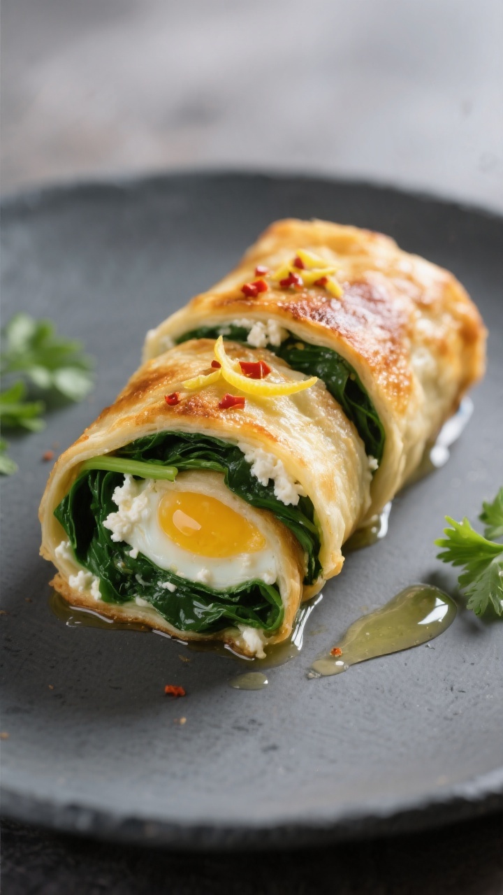 Final plated beauty: Single spinach & feta egg roll-up, seam crisped to a golden finish, cut on the 
