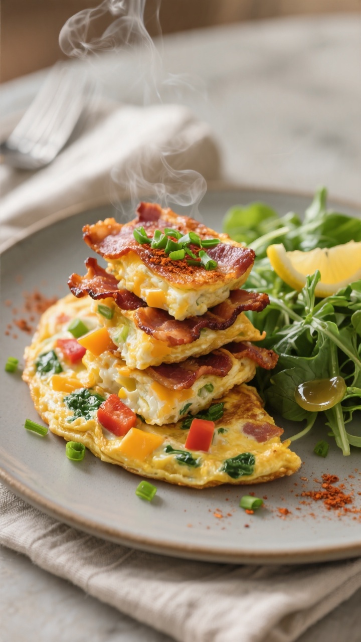 Final plated — Brunch-ready serving: Beautifully plated Crispy Bacon-Welt Omelet Bites stacked and