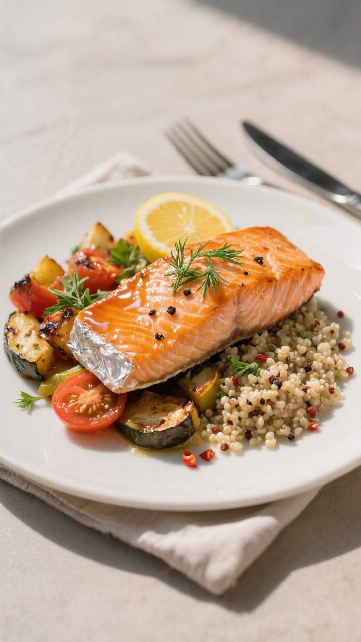 Final plated dish — Restaurant-quality presentation: A single salmon fillet slid from the foil ont