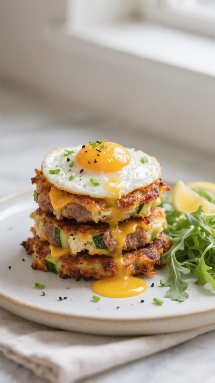 Final plated presentation: Restaurant-quality plate of stacked keto hash brown patties (sausage, zuc
