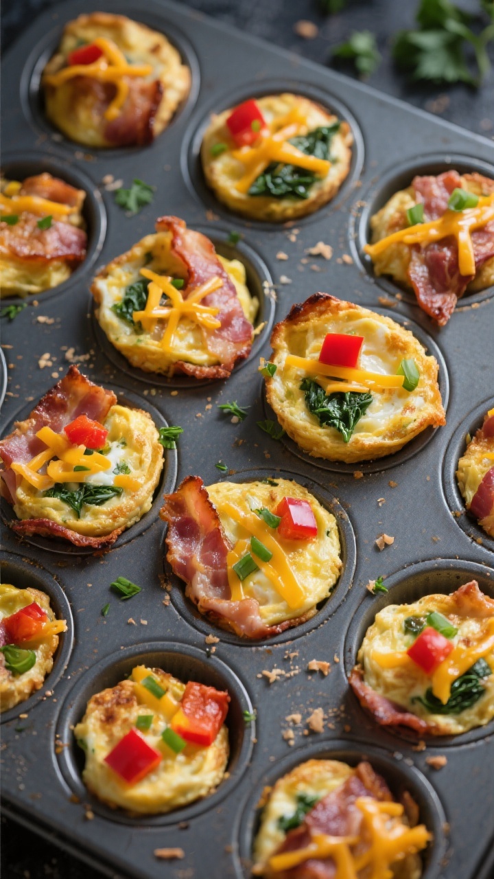 Tasty top view — Just-baked omelet bites in the tin: Overhead shot of a 12-cup muffin tin filled w