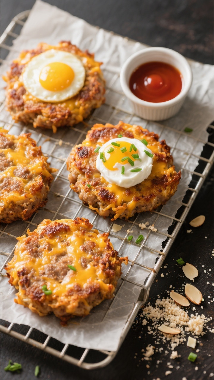 Tasty top view: Overhead shot of 3–4 Cheesy Sausage Patty Hash Browns arranged on a parchment-line