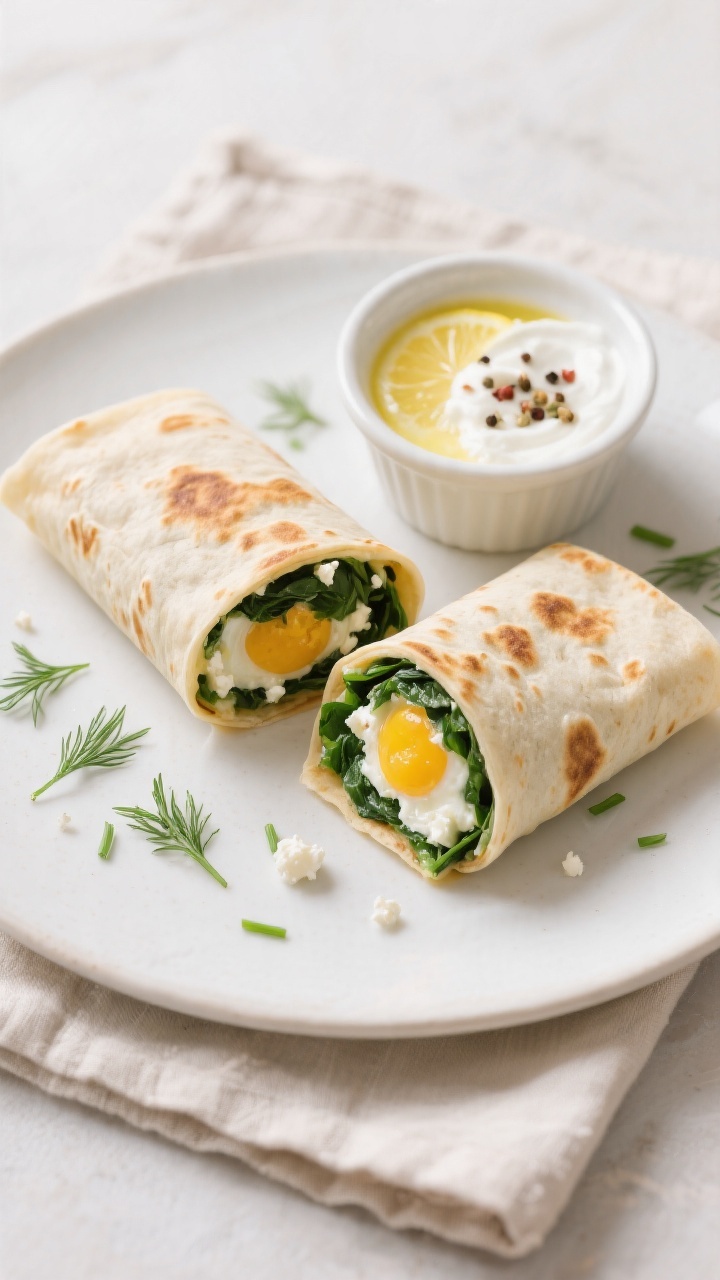 Tasty top view: Overhead shot of spinach & feta egg roll-ups sliced in half to reveal the creamy egg