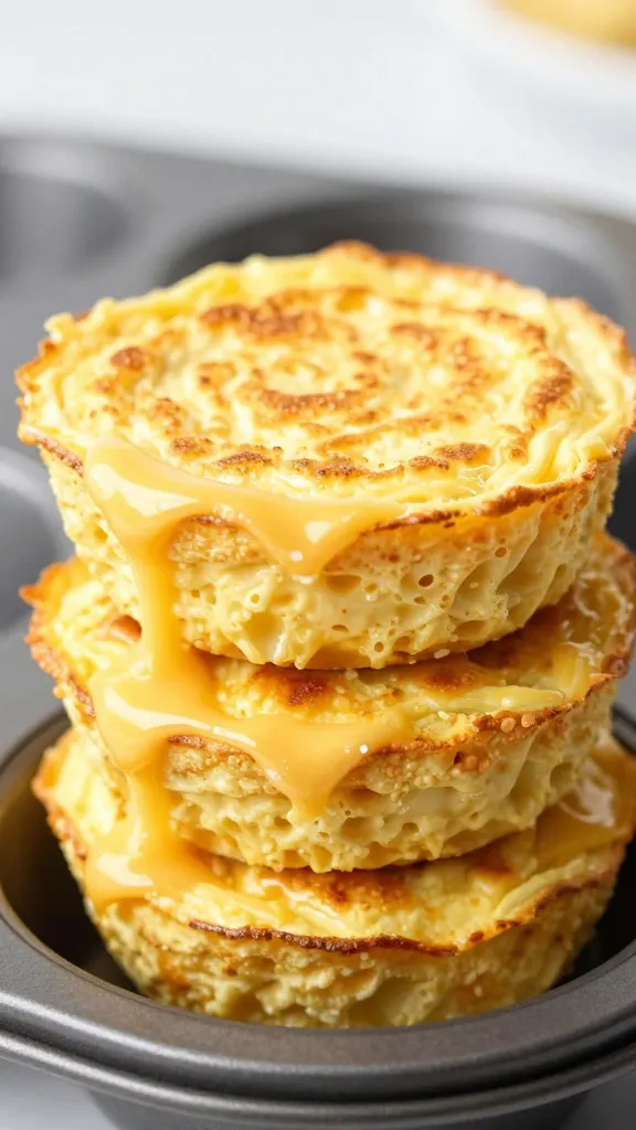 closeup of keto cheese omelet stacked in muffin tin