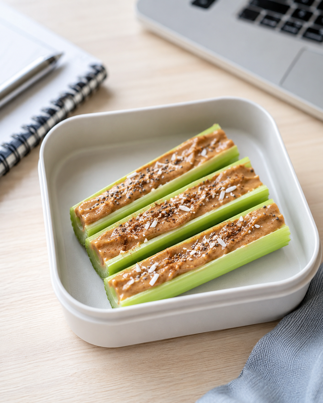 Celery stalks filled with almond butter, chia seeds, cinnamon, and coconut as a portable keto snack for work.