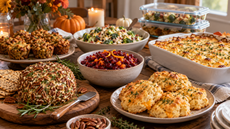Make-ahead keto Thanksgiving spread with cheese ball, cranberry relish, broccoli salad, savory casserole, stuffing muffins, and cheddar-herb biscuits