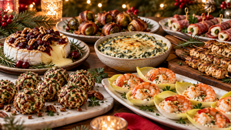 Festive keto Christmas appetizer spread with cheese ball truffles, shrimp endive cups, bacon-wrapped Brussels sprouts, spinach-artichoke dip, chicken skewers, antipasto roll-ups, and baked Brie