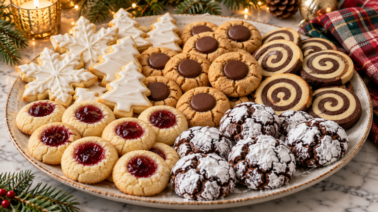 Keto Christmas cookie tray with cutout, blossom, thumbprint, pinwheel, and chocolate crinkle cookies