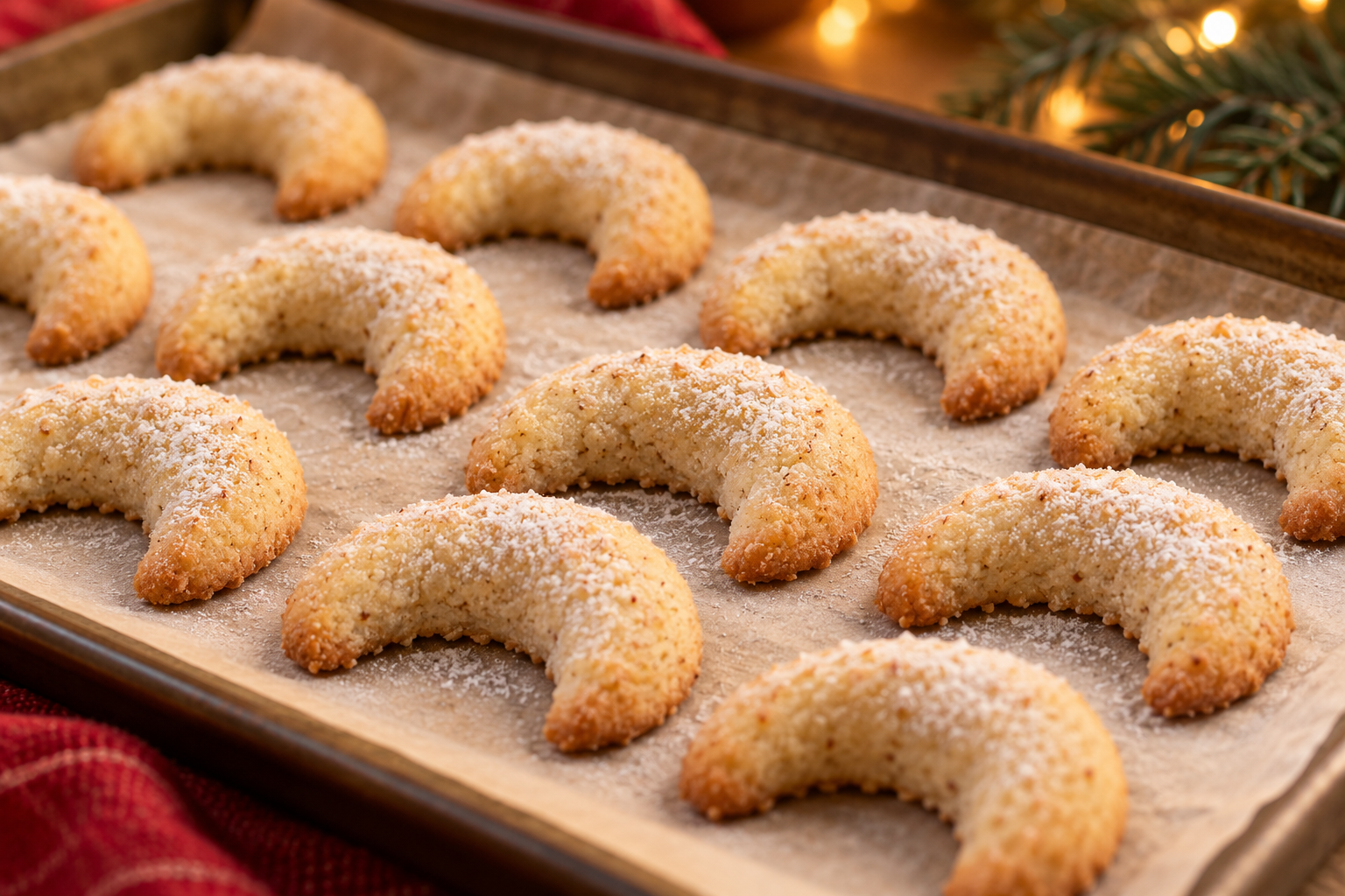 Almond crescent cookies lightly dusted with powdered sweetener on parchment
