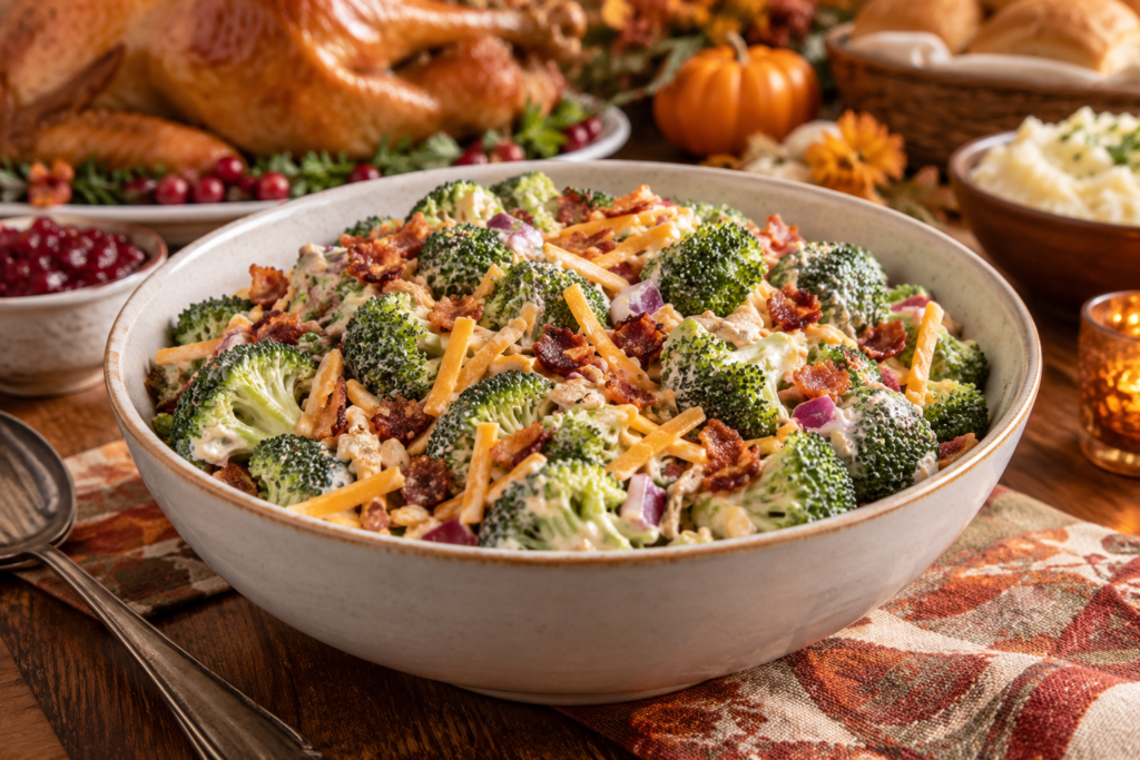 Bacon broccoli salad with cheddar and red onion in a serving bowl on a Thanksgiving table