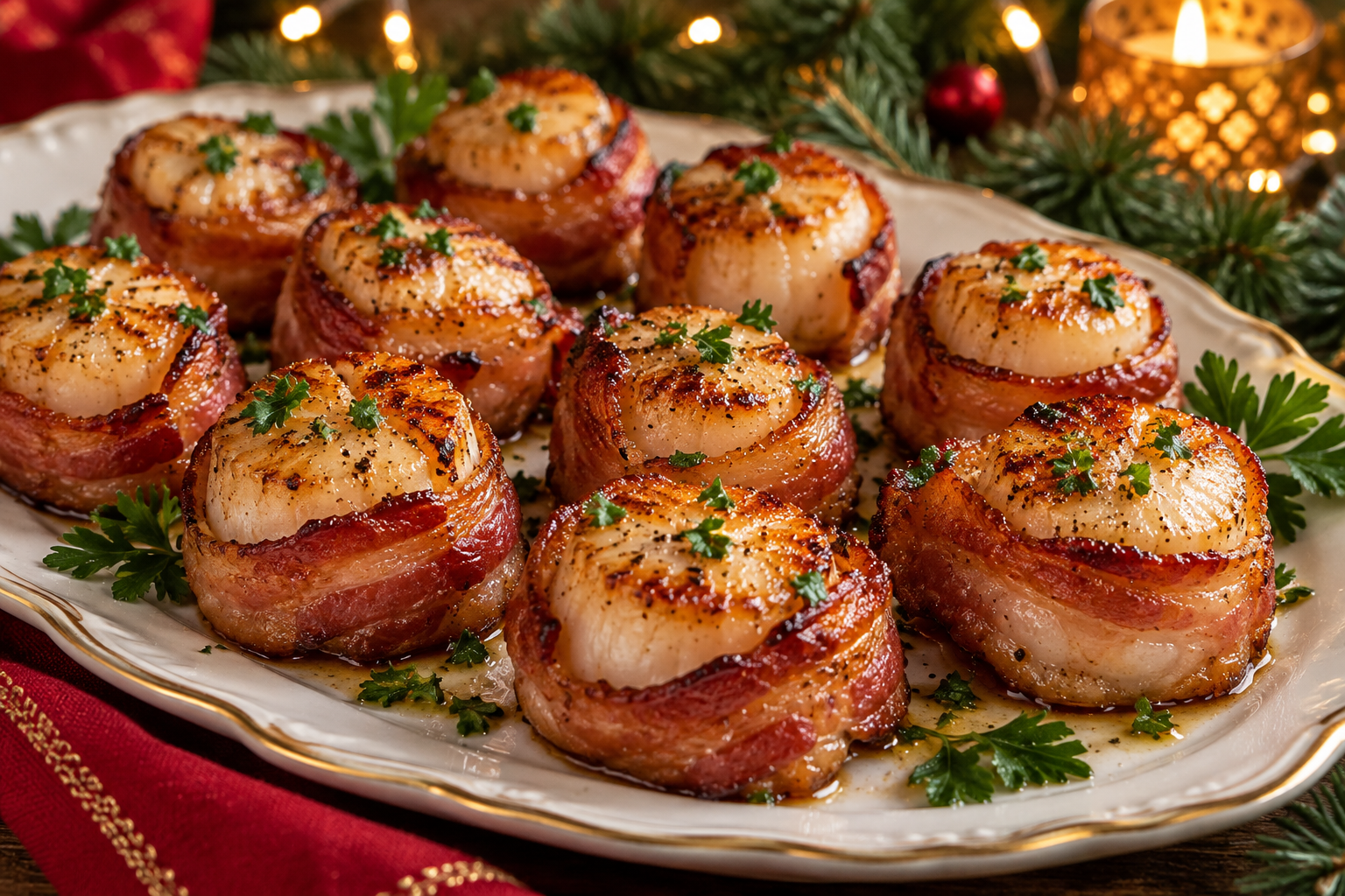 Bacon-wrapped scallops with garlic butter and parsley on a festive holiday platter.