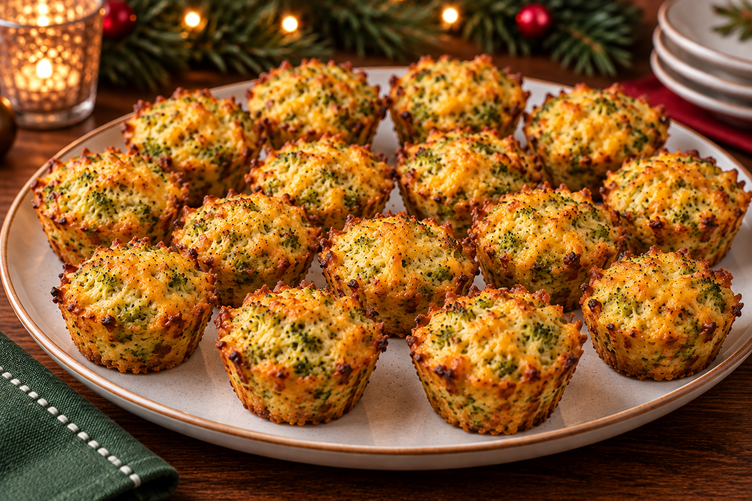 Cheddar-broccoli mini bites with finely chopped broccoli and browned cheesy edges on a festive holiday platter.