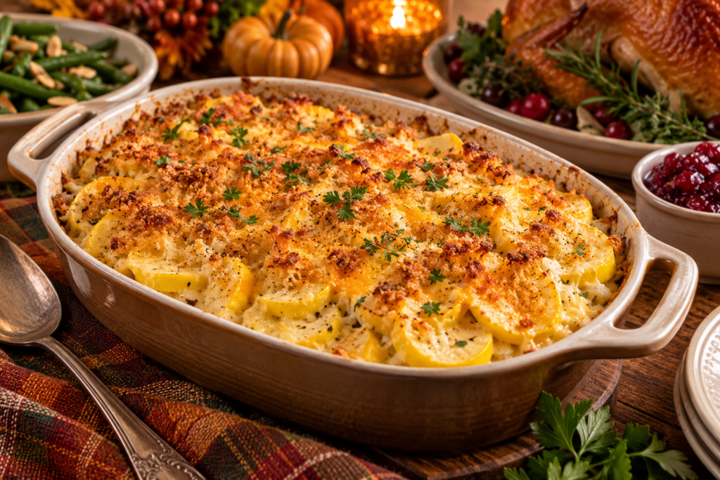 Cheesy yellow squash casserole with browned topping on a Thanksgiving table